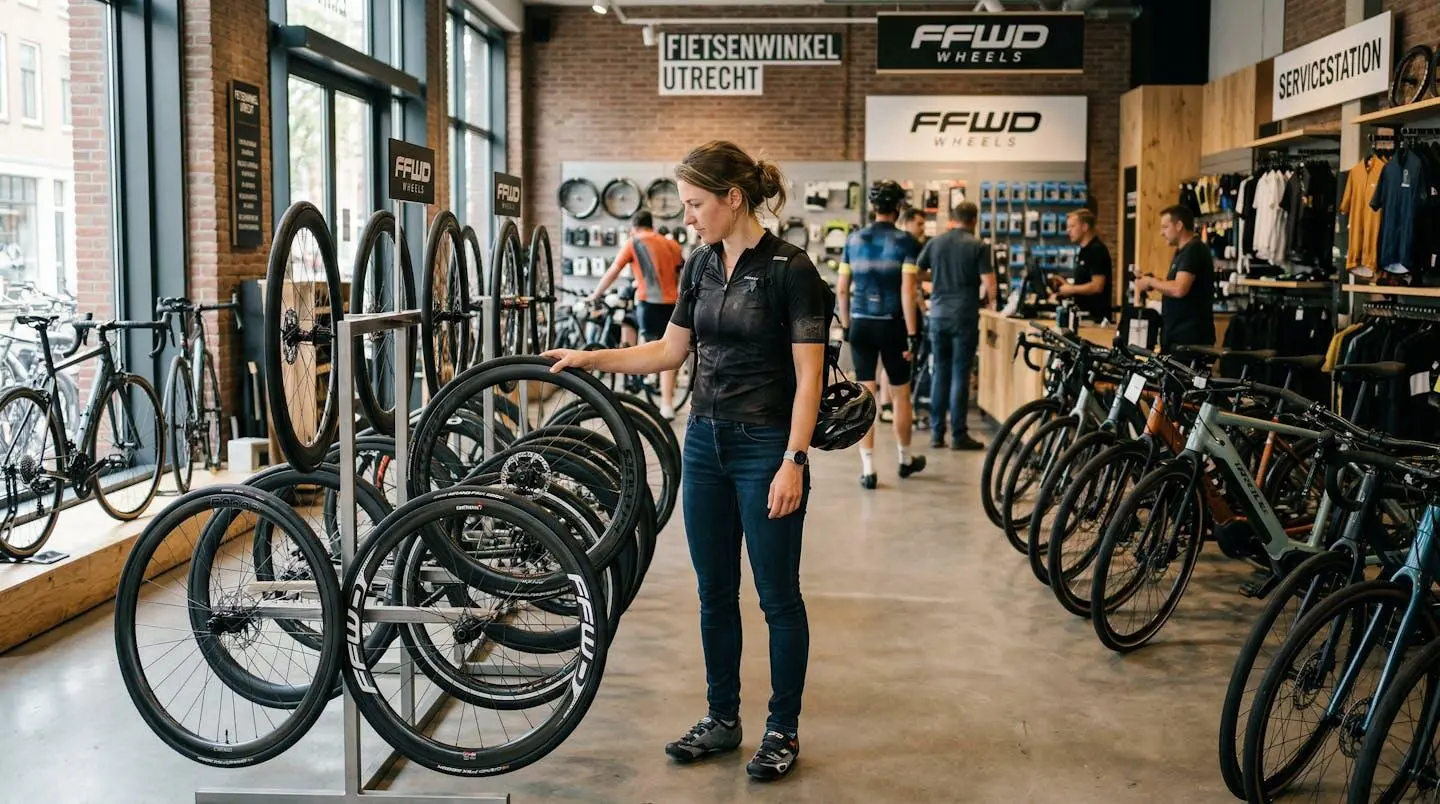 Un cycliste contemporain observe une paire de roues dans un magasin de vélo moderne, lumière naturelle de vitrine