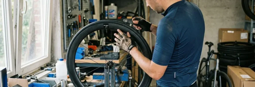 Un cycliste examine attentivement une roue de vélo de route dans un atelier baigné de lumière naturelle