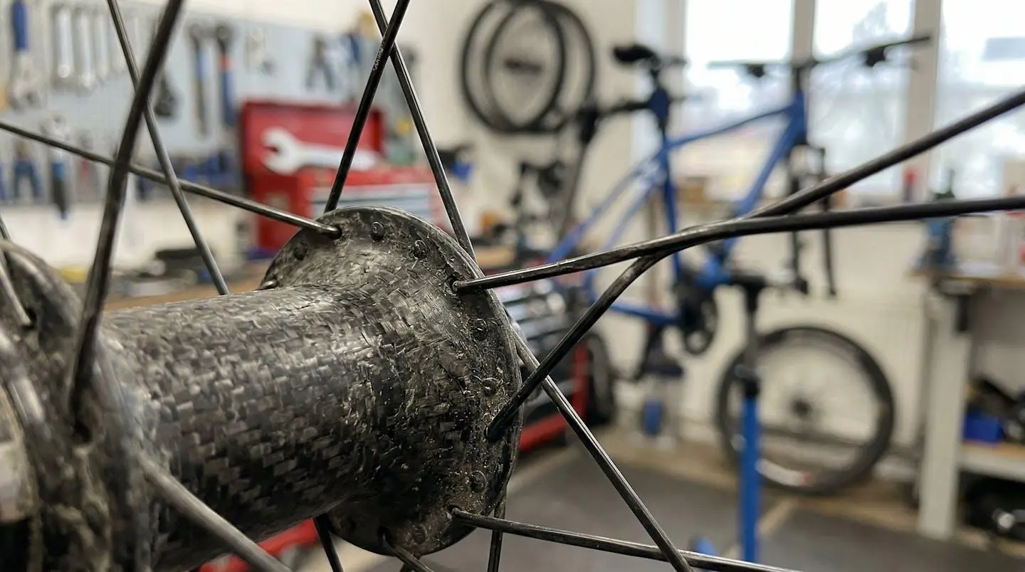 Gros plan sur un moyeu de roue carbone moderne avec rayons tendus, arrière-plan d'atelier flouté