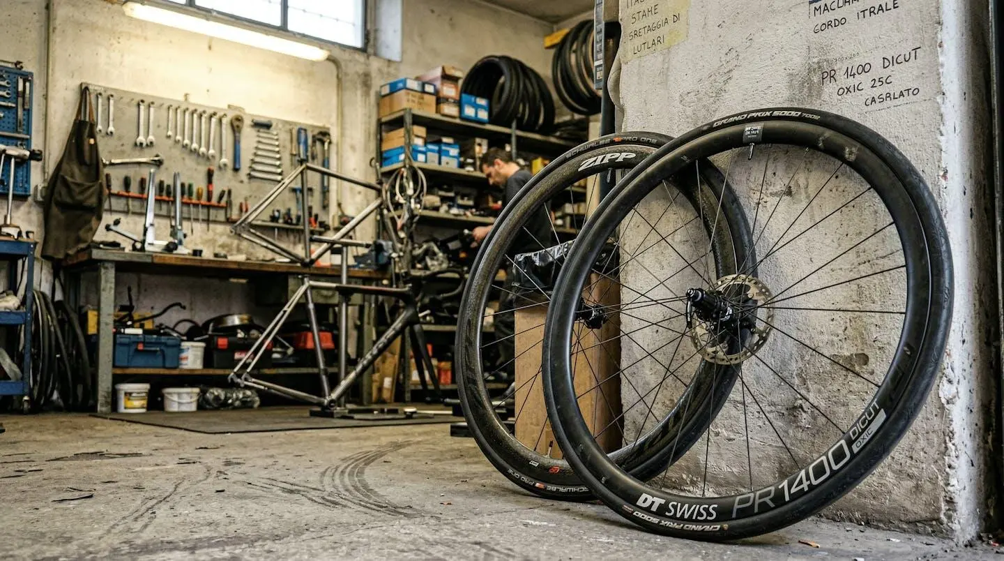 Paire de roues de vélo de route posées contre un mur d'atelier moderne européen, éclairage mixte naturel et artificiel